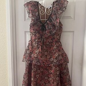 Lost + Wander Sheer Floral Ruffle Midi Dress in Dusty Pink and Brown